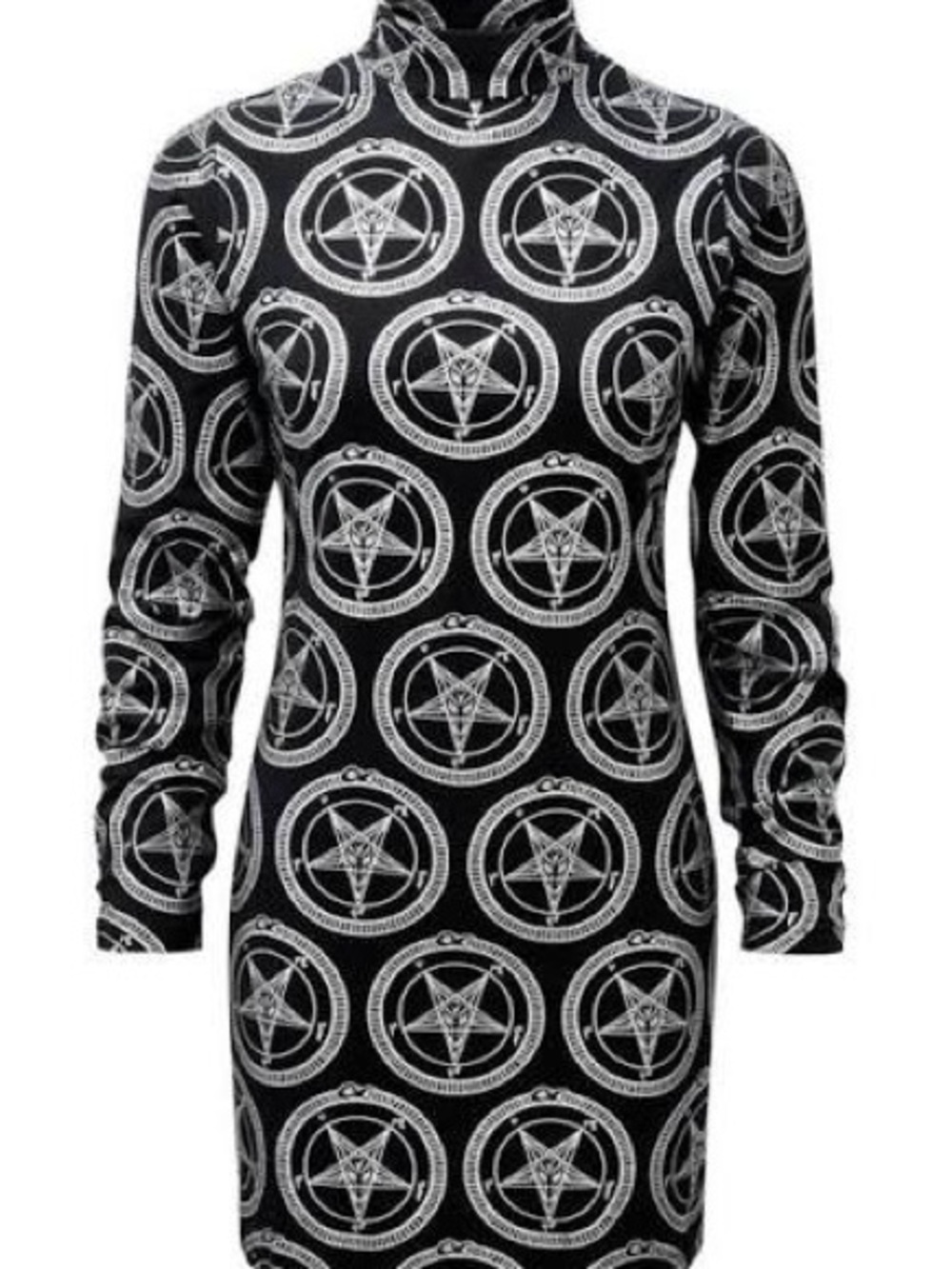 Killstar Black and Silver Pentagram Print Turtleneck Bodycon Dress